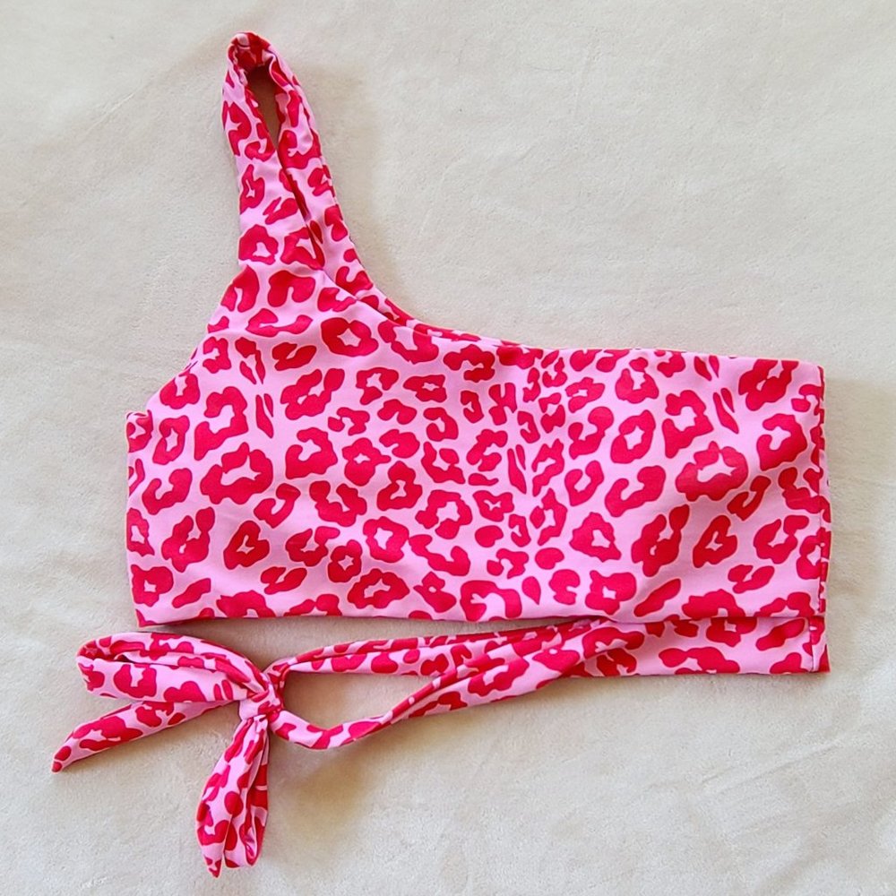 Womens One-Shoulder Tie Waist Bikini Top ONLY - Pink/Red Leopard | Size L